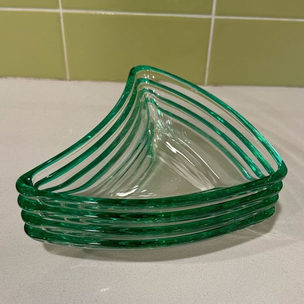 Vintage Green Flashed Edge Boomerang Glass Dishes — Set of 4 - Picture 7 of 9